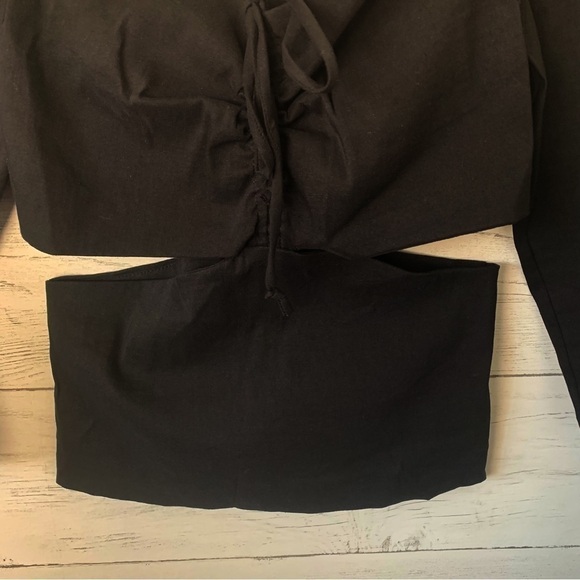 Zara Linen Blend Cut Out Top Black Puff Shoulders Cropped Small - Picture 9 of 16